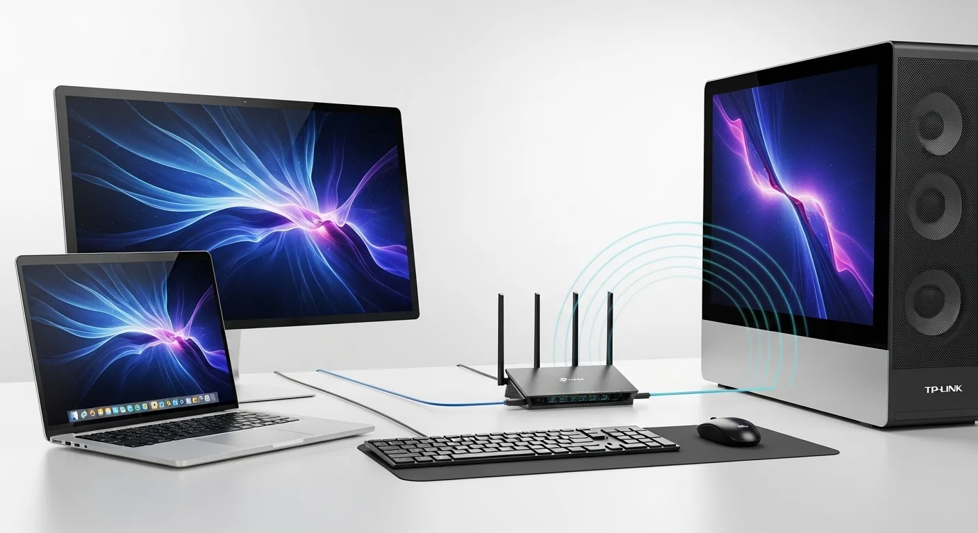 Una configuración moderna de computadoras y laptops conectadas a la red de alta velocidad Wi-Fi 7 de TP-Link.