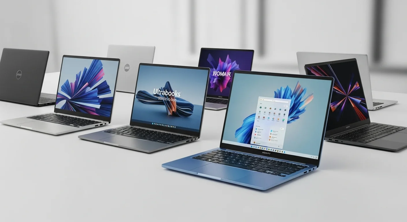 Una selección de computadoras Ultrabook modernas de diferentes marcas exhibidas sobre una superficie minimalista.