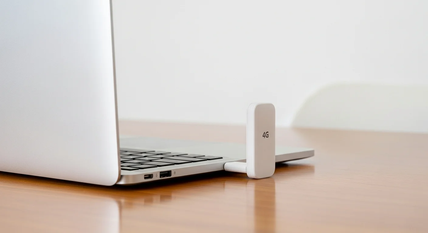 Un modem Usb 4g de color blanco conectado al puerto de una laptop moderna sobre un escritorio de oficina, simbolizando la conectividad móvil para computadoras y trabajo remoto.