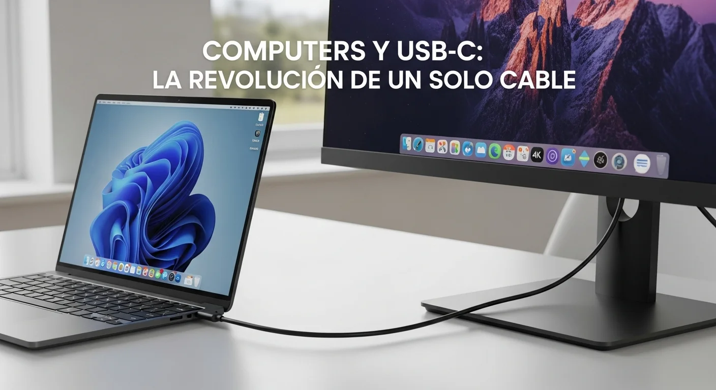 Una laptop moderna conectada a un monitor 4K a través de un único cable USB-C, demostrando la simplicidad y poder de esta tecnología para computadoras.