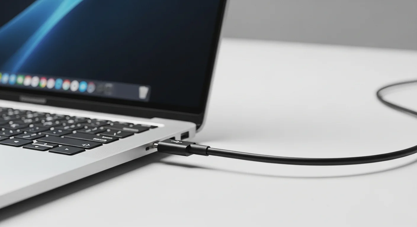 Un cable USB-C conectado al puerto de una laptop moderna, simbolizando la conectividad en computadoras y tecnología avanzada.