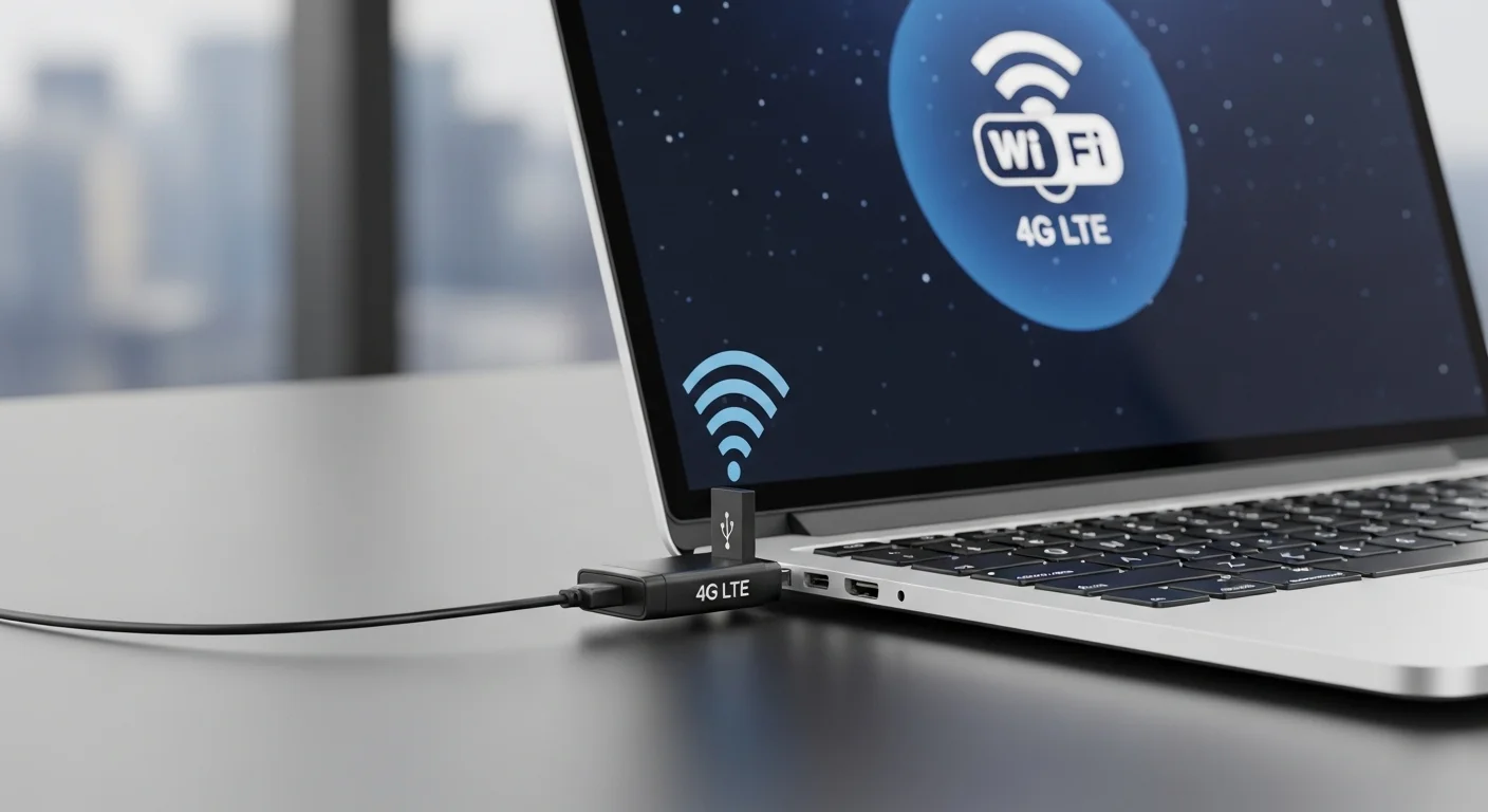 Un modem USB de internet 4G LTE conectado al puerto de una computadora portátil moderna, con un ícono de señal Wi-Fi en la pantalla.