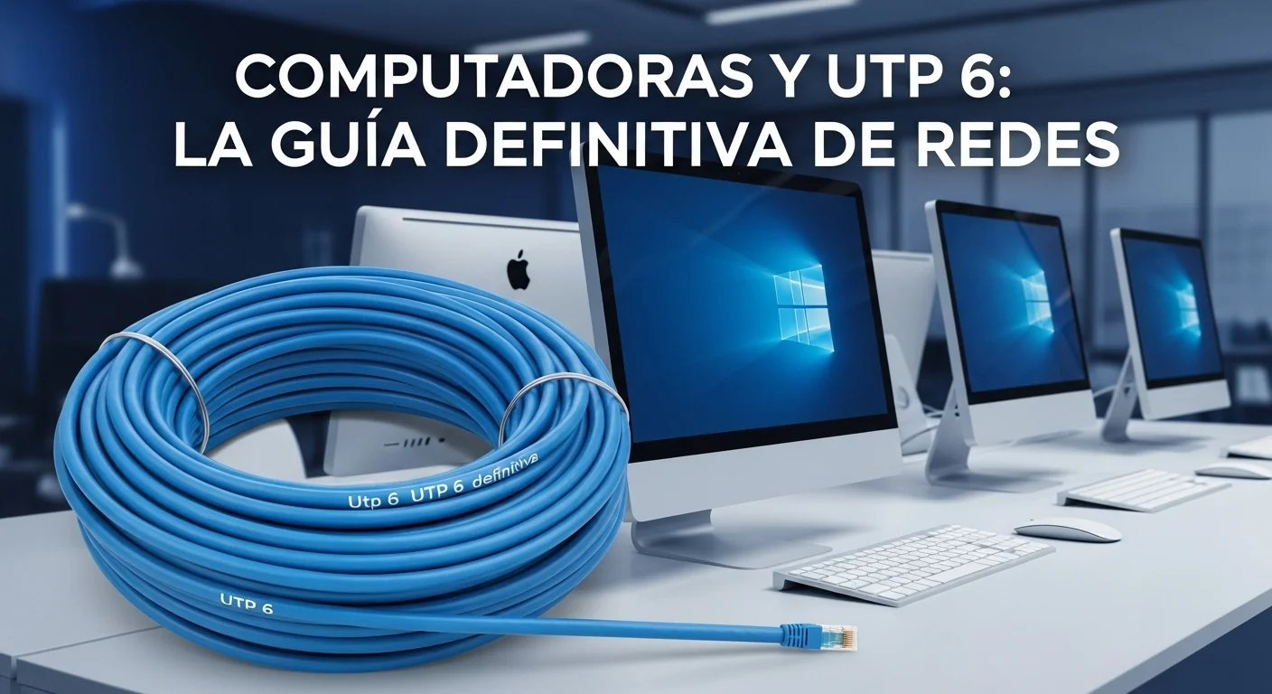 Bobina de cable Utp 6 azul junto a varias computadoras de oficina, simbolizando la infraestructura de red.
