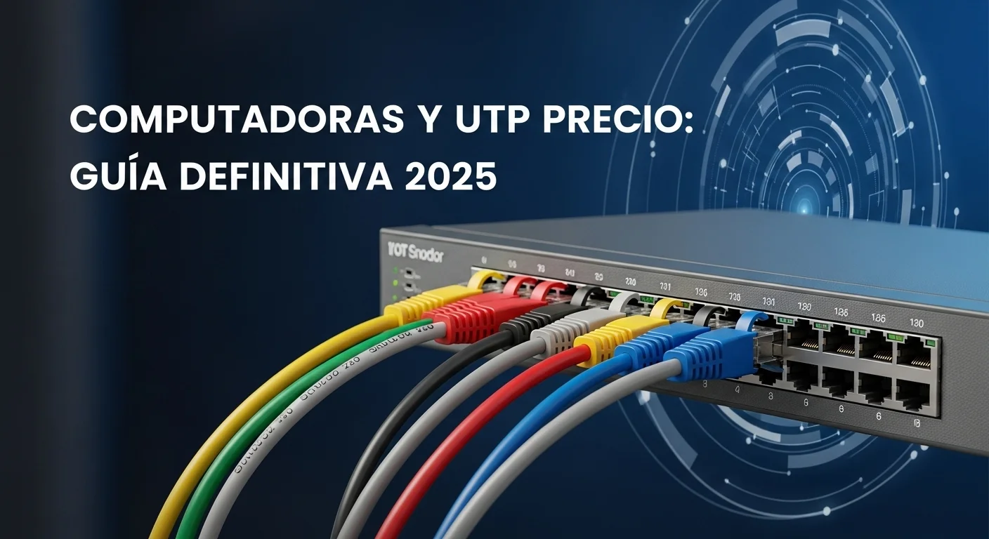 Cables UTP de diferentes colores conectados a un switch de red ethernet, ilustrando la conectividad para computadoras y el concepto de UTP precio