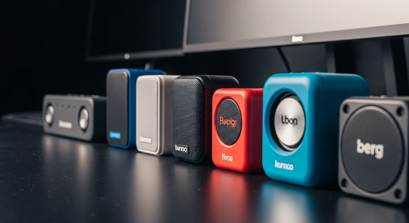 Fila de varias mini bocinas bluetooth de diferentes marcas y colores, ilustrando la diversidad de opciones potentes para audio portátil y computadoras.