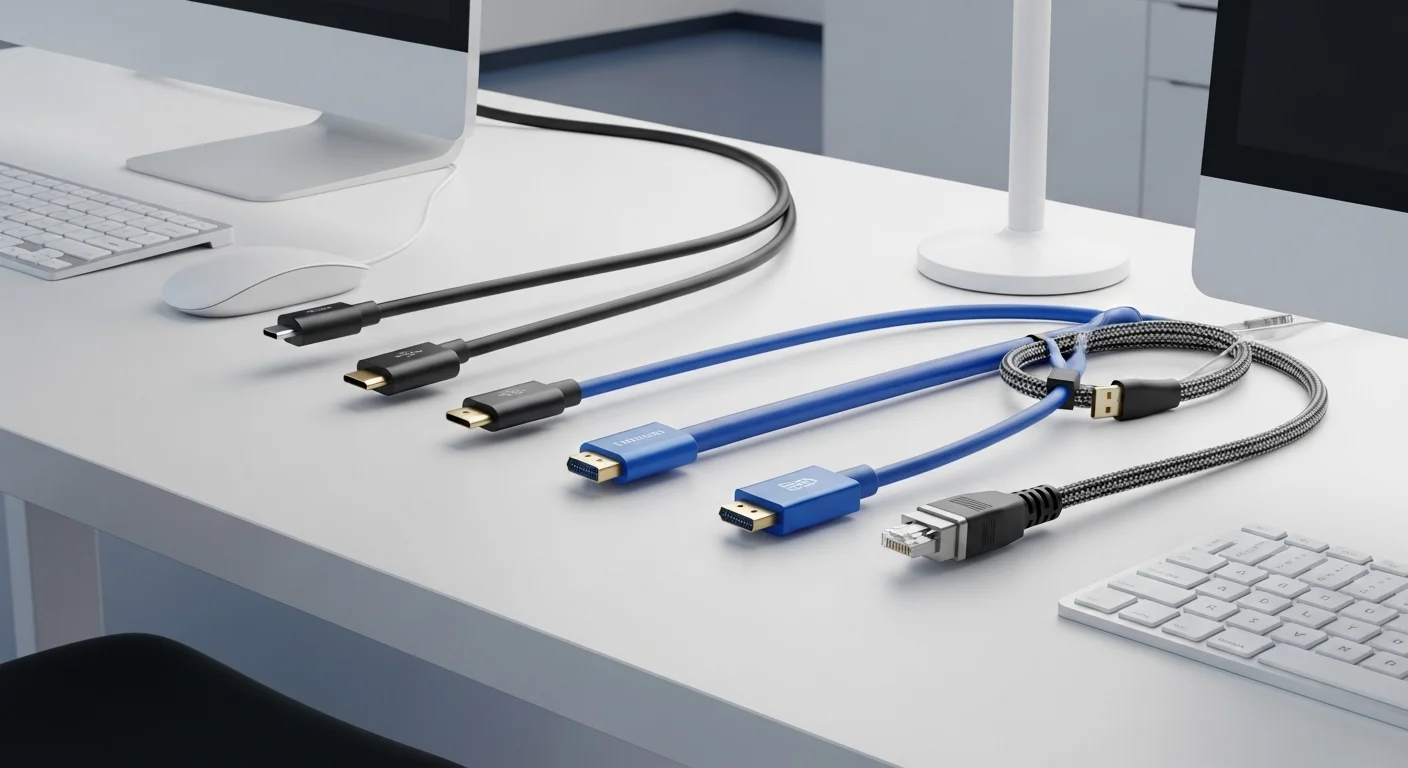 Colección de cables para computadoras, incluyendo USB-C, HDMI y Ethernet, sobre un escritorio de trabajo tecnológico.