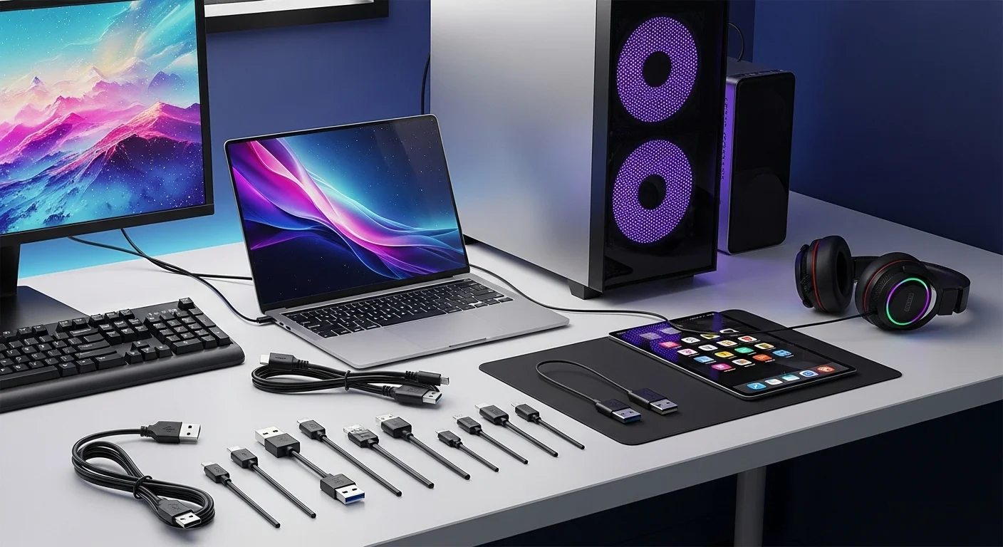 Una variedad de cables USB, incluyendo Tipo-A, Tipo-B, USB-C y Mini-USB, organizados sobre un escritorio moderno junto a computadoras y otros dispositivos tecnológicos.