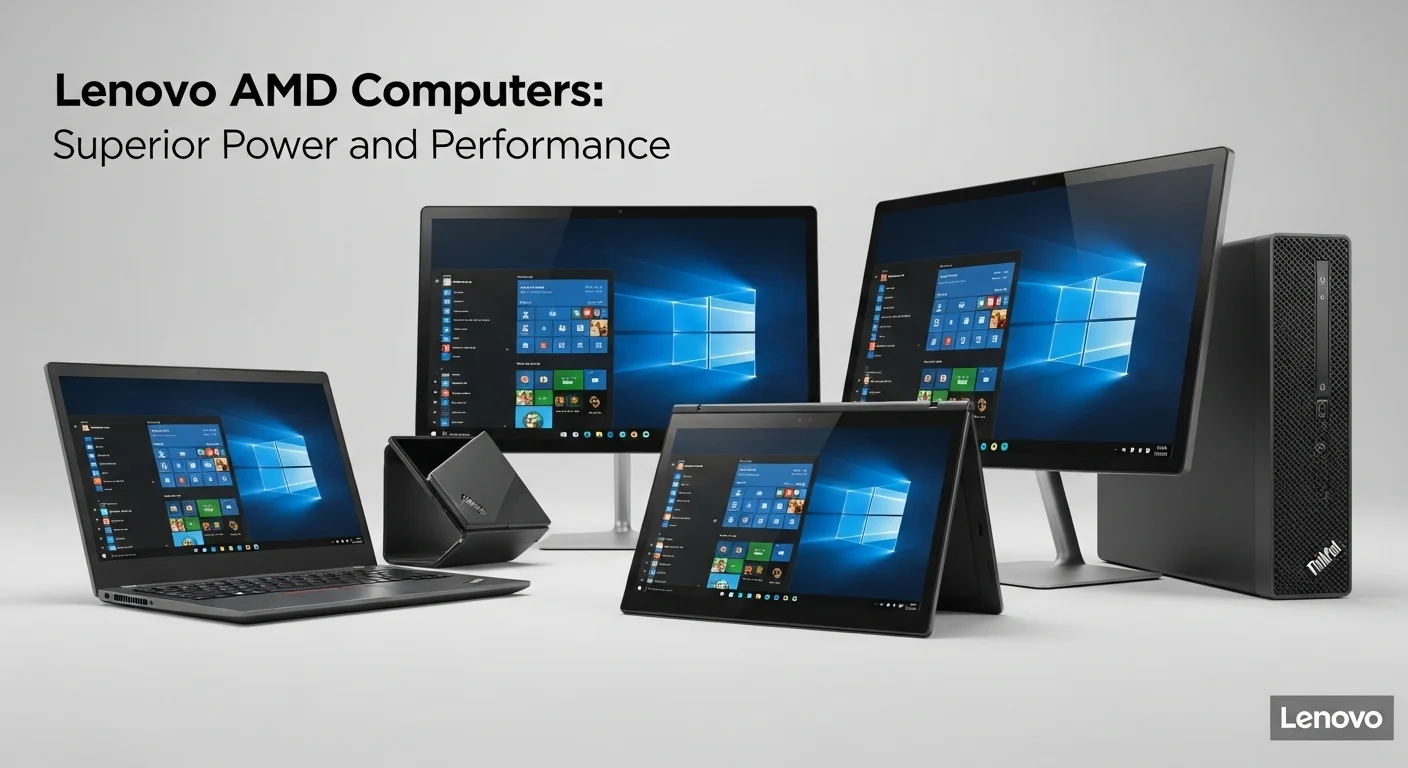 Una composición de varias computadoras Lenovo AMD, incluyendo una laptop ThinkPad, una convertible Yoga y una de escritorio All-in-one, mostrando la diversidad del ecosistema.