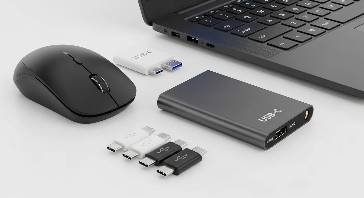 Una colección de accesorios y cables USB tipo C, incluyendo un mouse, un disco duro externo y adaptadores, mostrando el ecosistema versátil para computadoras.
