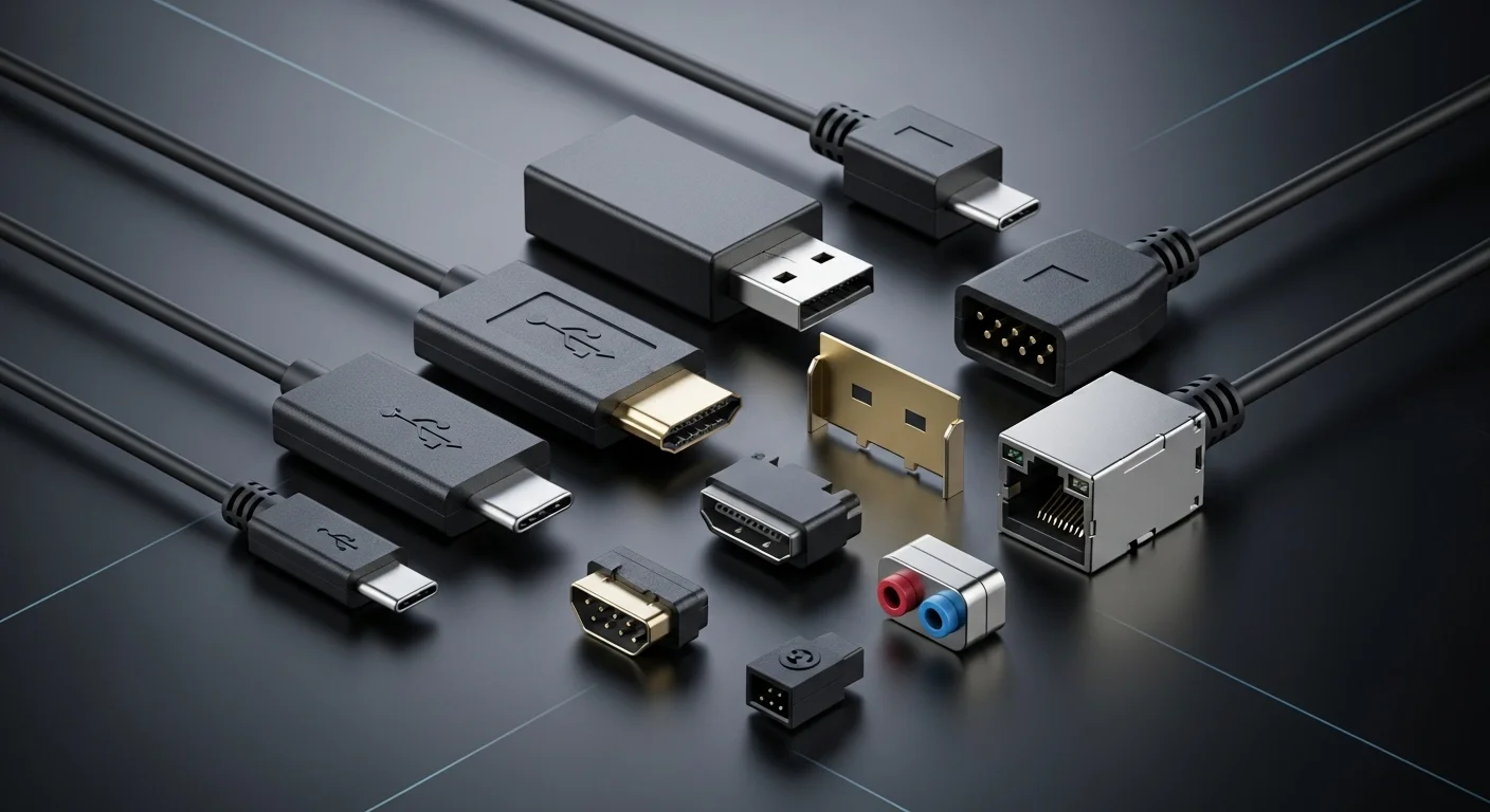 Una composición de varios conectores para computadoras, incluyendo USB-C, HDMI, DisplayPort, Ethernet RJ45 y conectores de audio, sobre un fondo tecnológico.