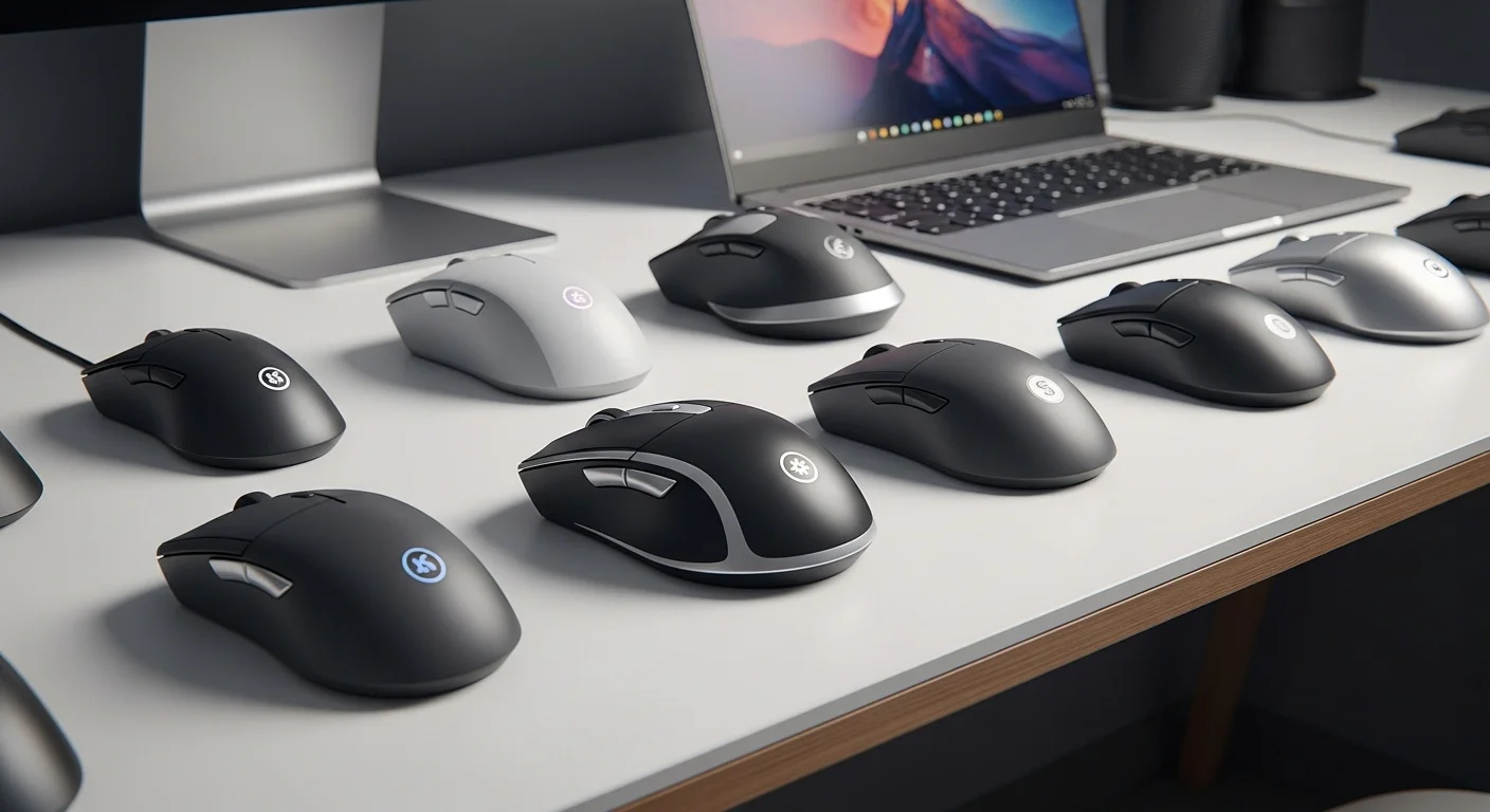 Variedad de mouse para computadoras, incluyendo modelos ergonómicos, para gaming y para laptops, sobre un escritorio moderno.