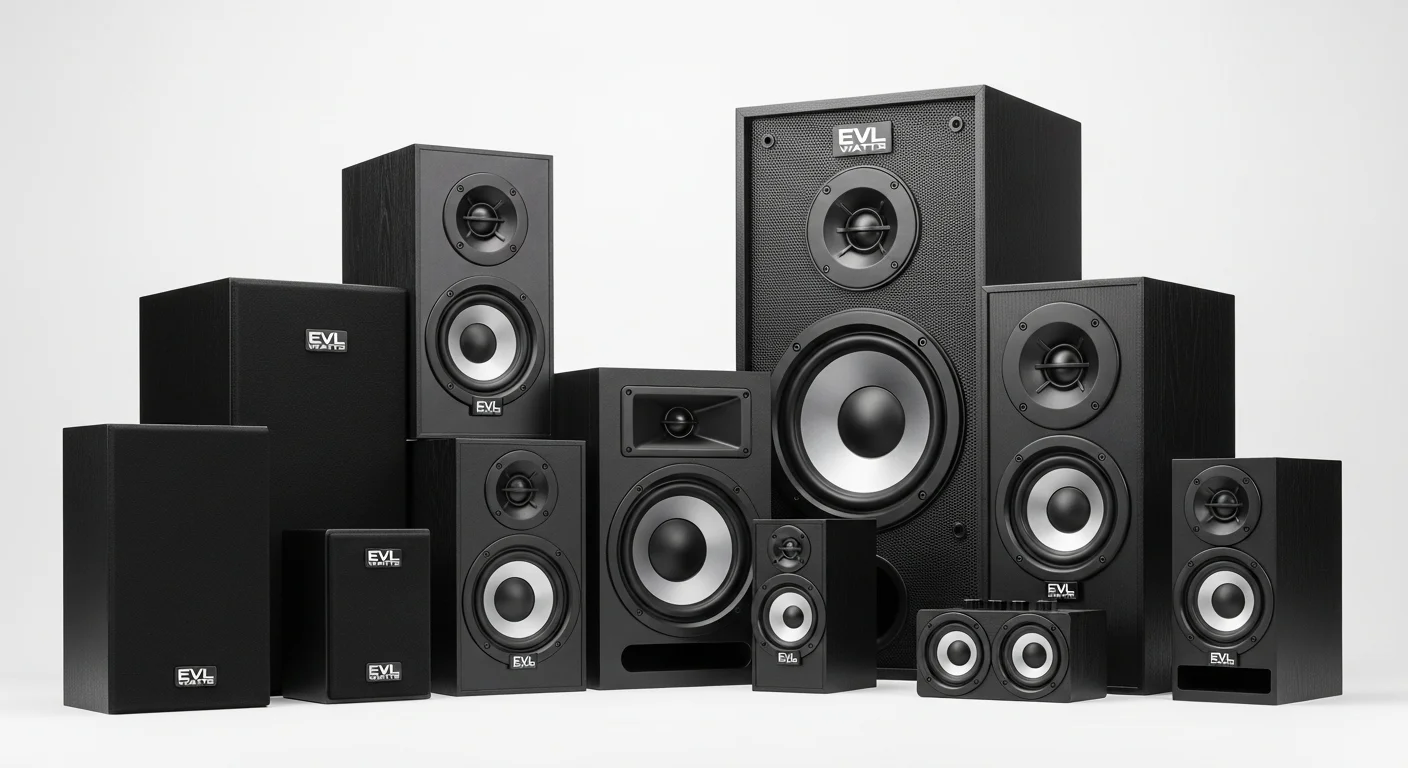 Varios tamaños de Bocina EVL Watts, desde la más pequeña a la más grande, mostrando la gama de productos para computadoras y eventos.
