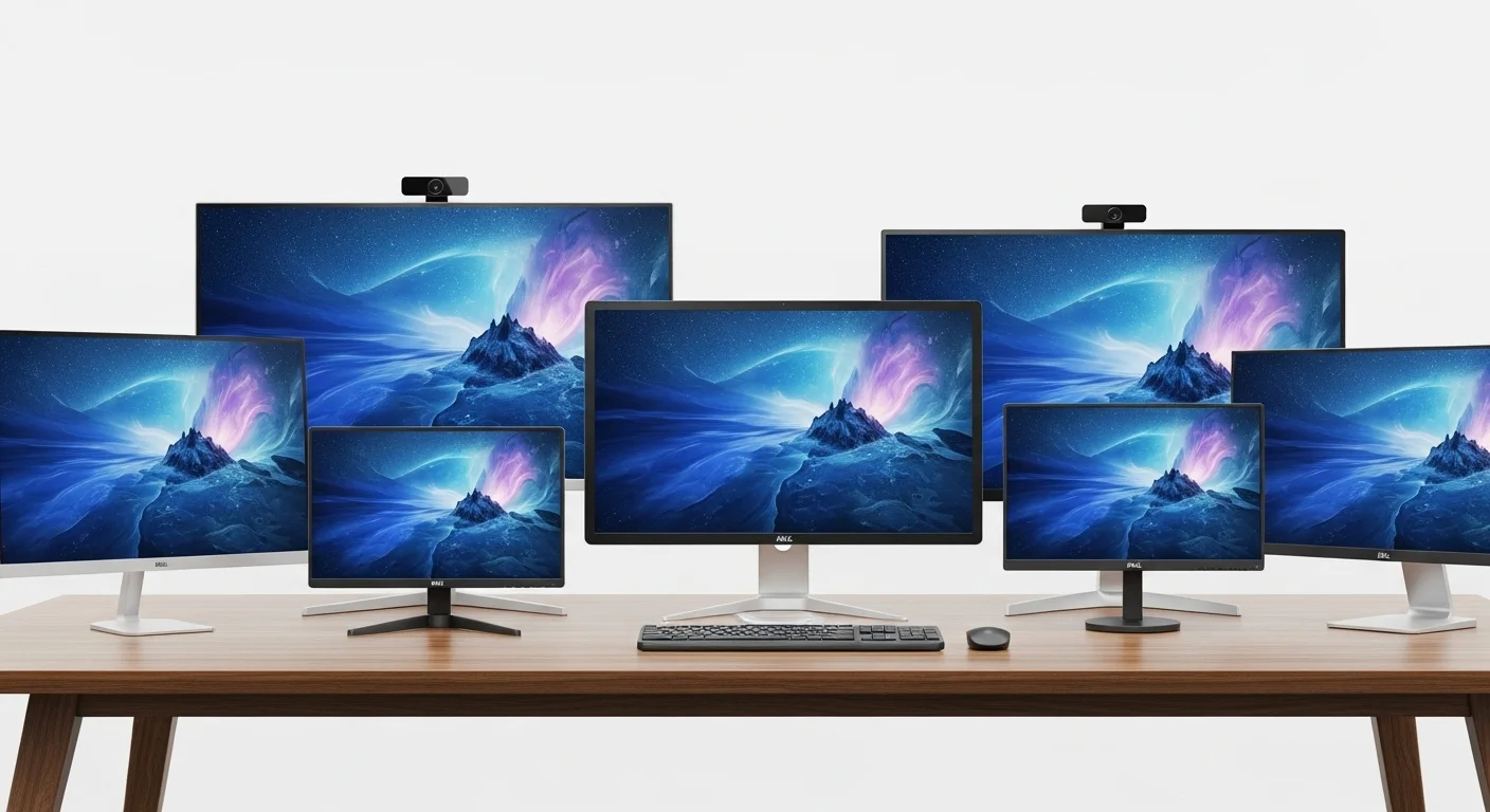 Varios monitores de computadora de diferentes pulgadas en un escritorio moderno, mostrando la versatilidad de los monitores pulg para computadoras