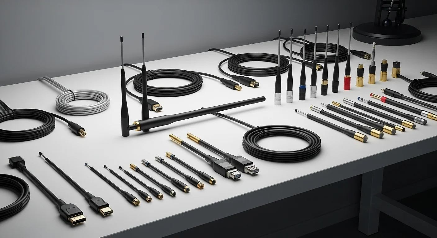 Colección de diferentes tipos de cable de antena, mostrando grosores y conectores variados, sobre una mesa de trabajo de tecnología.