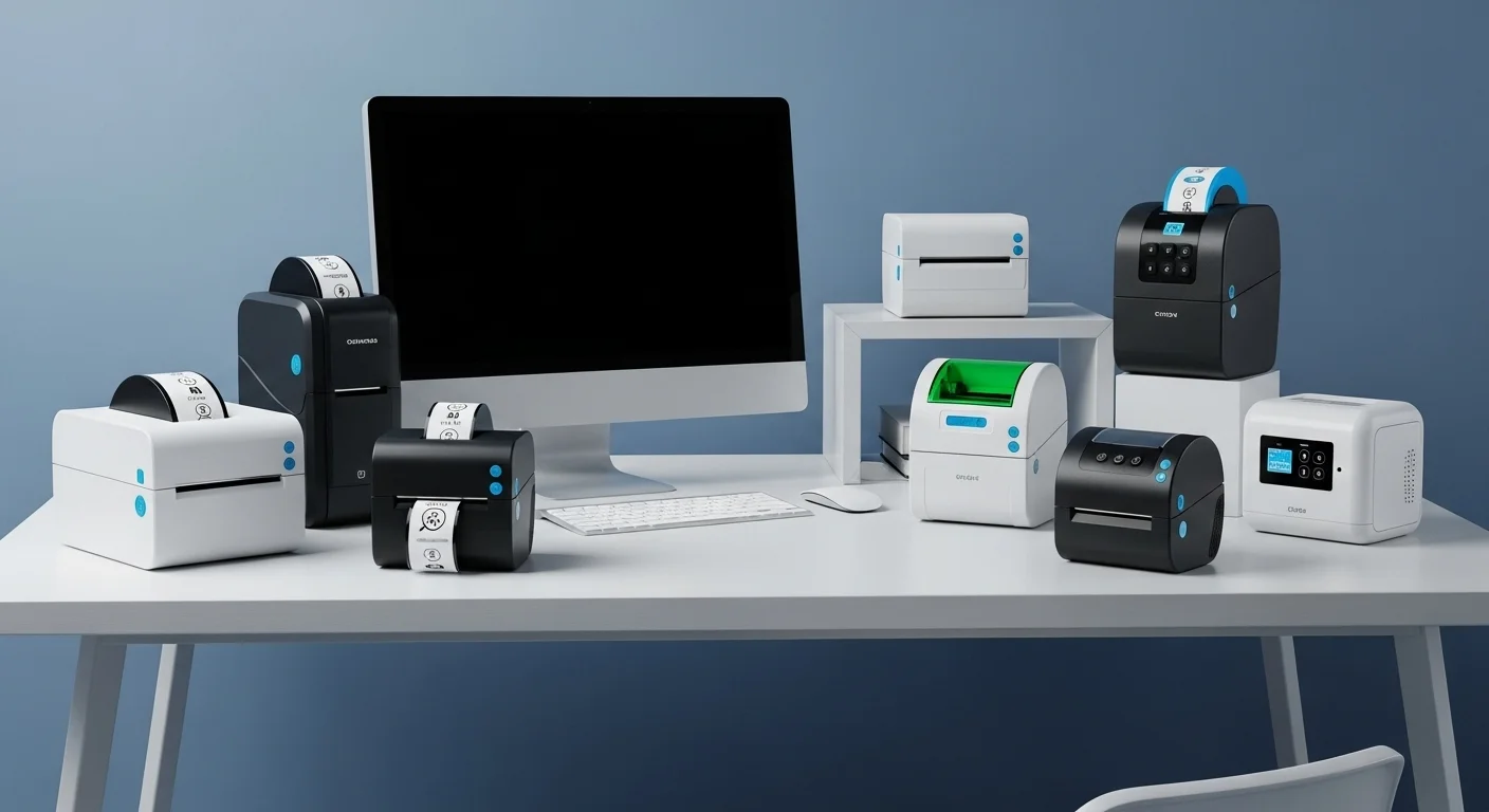 Una selección de diferentes modelos de impresoras de etiquetas sobre un escritorio, destacando la variedad para computadoras y tecnología de oficina.