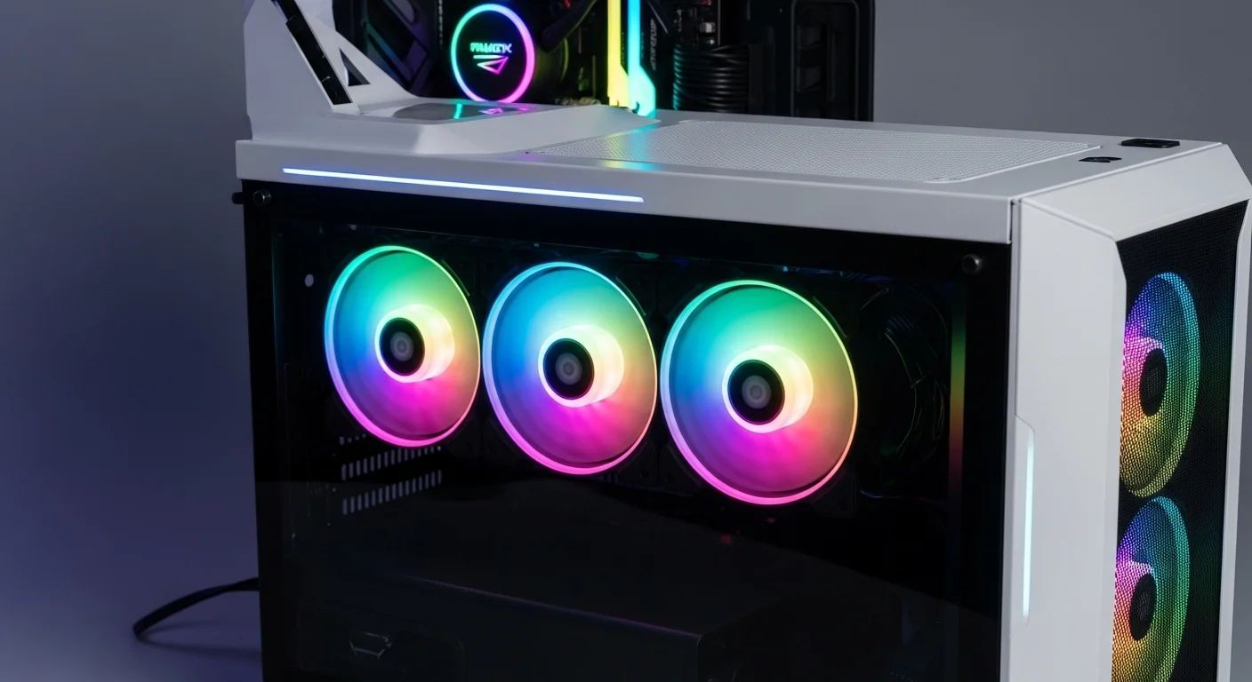Tres ventiladores RGB de 120mm instalados en el frontal de un chasis de computadora gamer, iluminando el interior del equipo tecnológico.