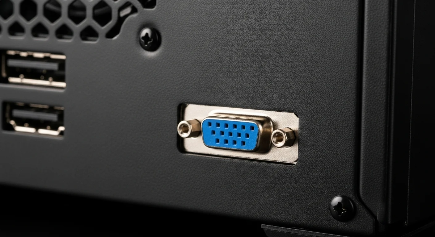 Primer plano del puerto VGA azul en la parte trasera de una computadora, mostrando sus 15 pines, un estándar de conexión de video.
