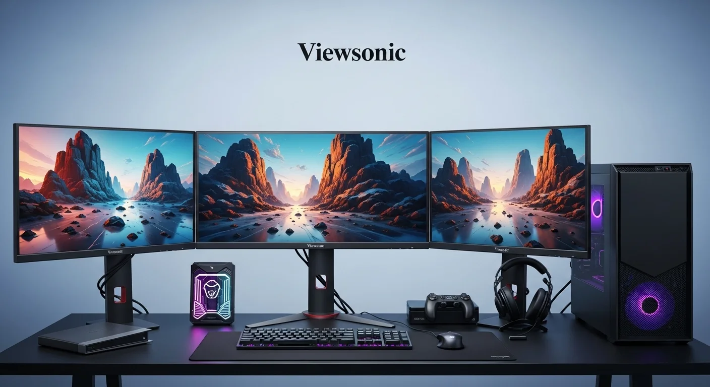 Setup de computadoras para gaming con múltiples monitores Viewsonic mostrando gráficos vibrantes.