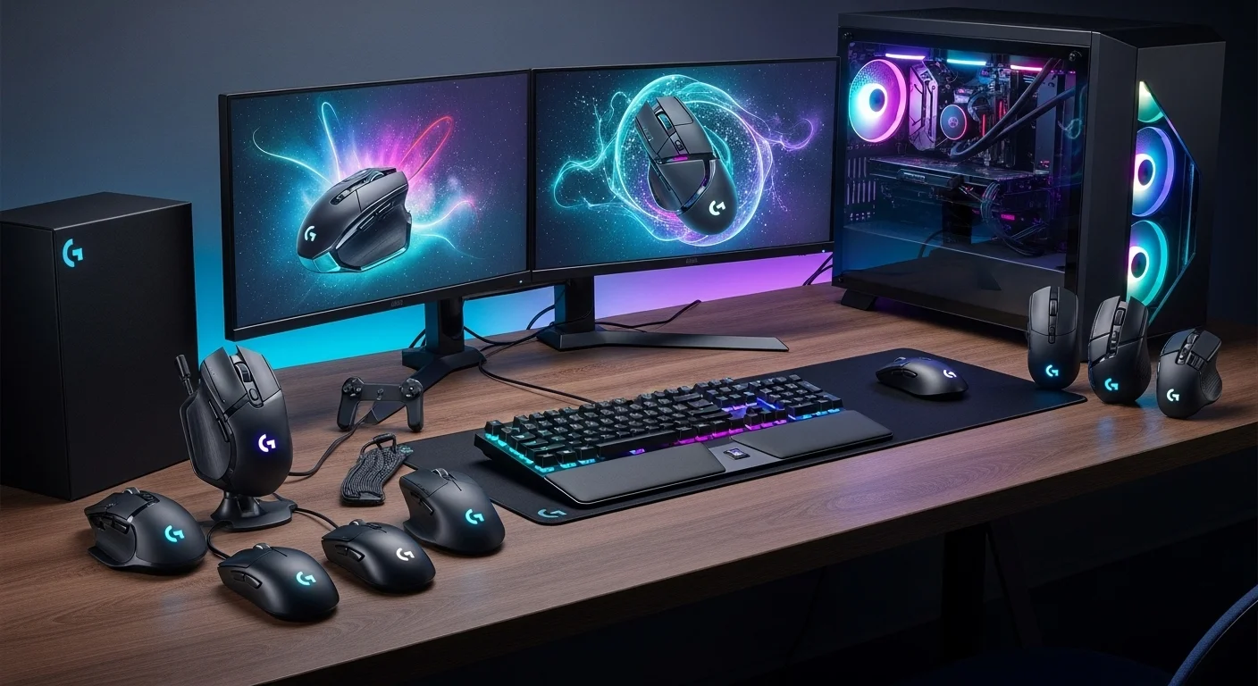 Una colección de varios modelos de Mouse G de Logitech sobre un escritorio de computadora para gaming, mostrando la diversidad de la línea.