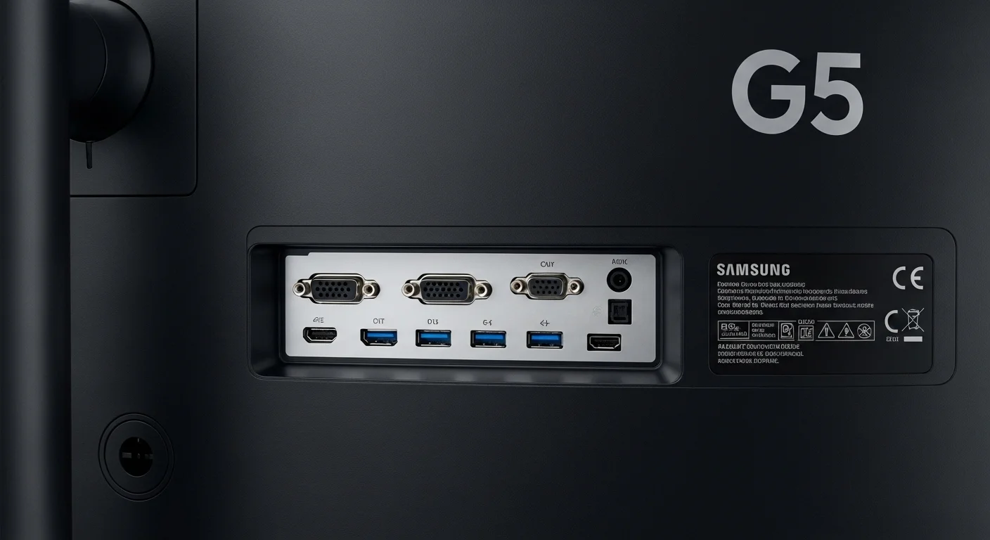 Panel trasero del monitor Samsung G5 mostrando los puertos de conexión para computadoras y otros dispositivos.