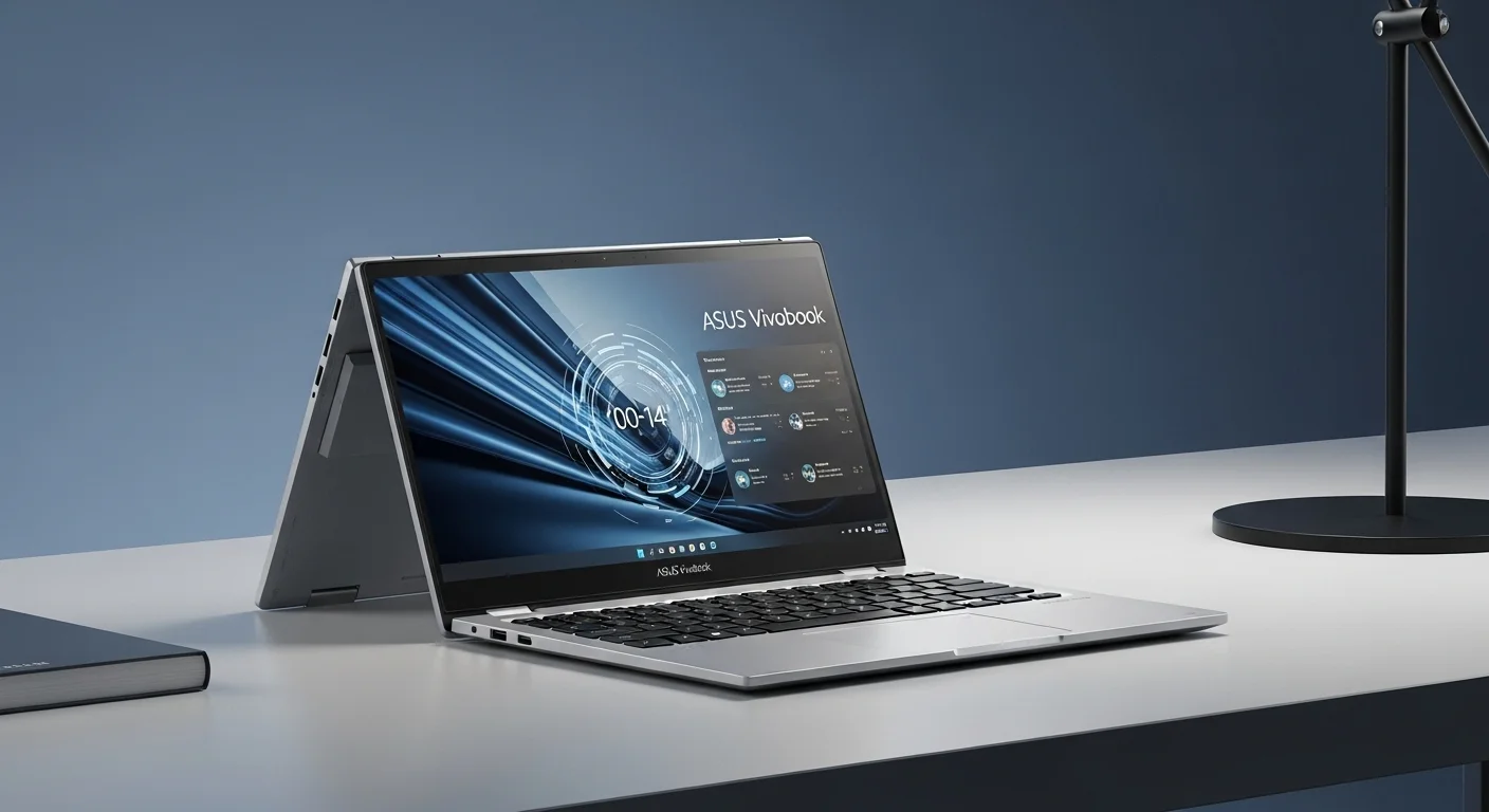 Una computadora portátil convertible ASUS Vivobook Flip 14 en modo tienda sobre un escritorio moderno, mostrando su versatilidad para la tecnología.