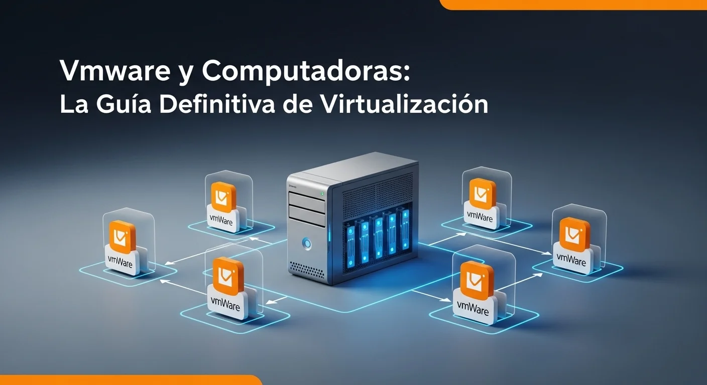Diagrama conceptual que muestra un servidor físico ejecutando múltiples máquinas virtuales VMware, simbolizando la eficiencia en el uso de computadoras y tecnología.