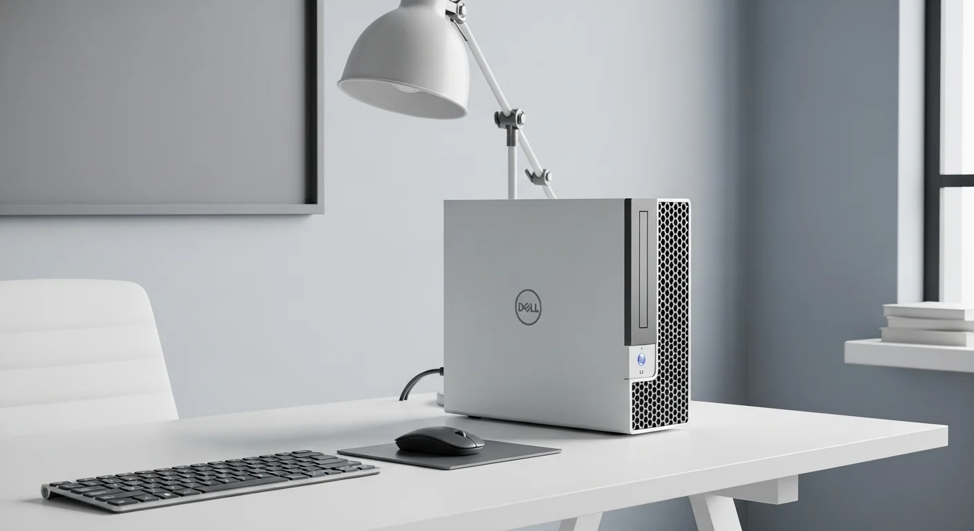 Una computadora Dell Vostro Desktop en un escritorio de oficina moderno, mostrando su diseño compacto y profesional.