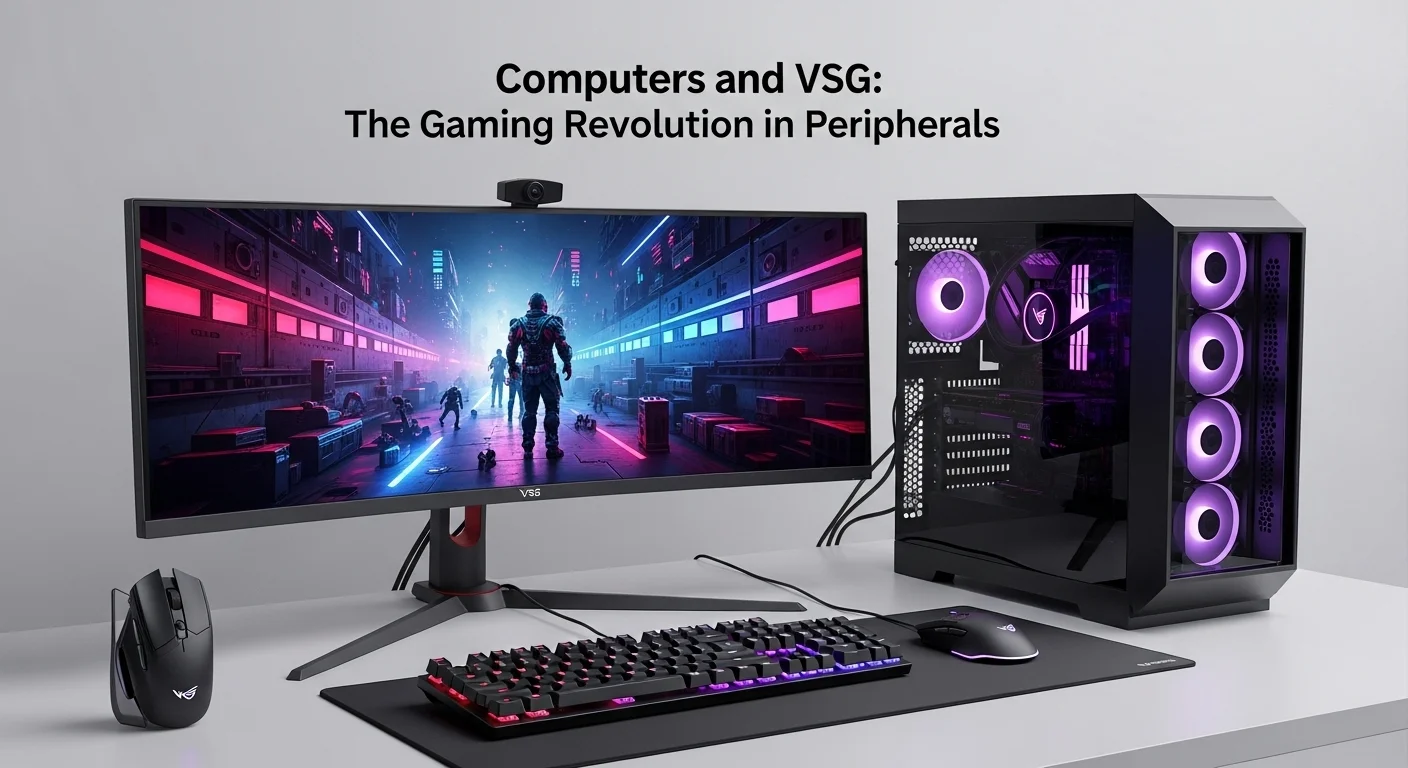 Setup completo de computadoras gaming con periféricos Vsg, incluyendo un mouse vsg y teclado iluminado.