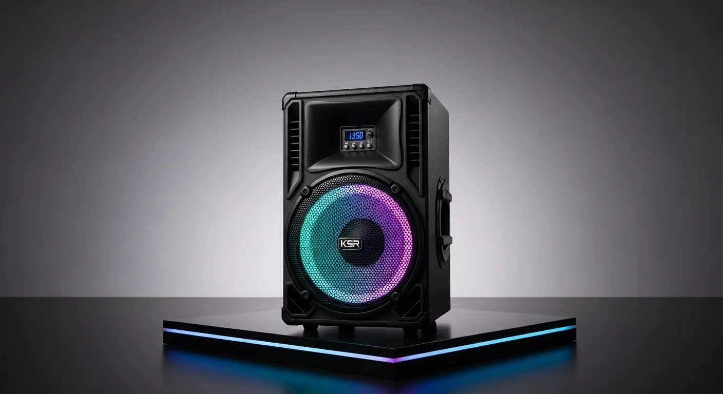Imagen de una potente bocina amplificada de 15 pulgadas con luces LED, representando los modelos KSR y Alien Pro disponibles en Walmart.