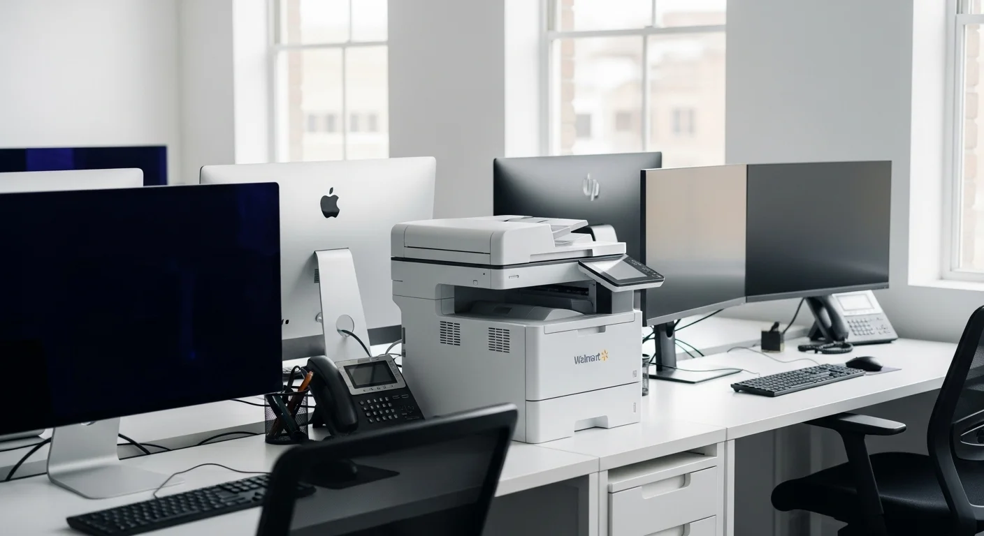 Una oficina moderna con varias computadoras y una impresora multifuncional Walmart en un escritorio, mostrando un entorno de trabajo tecnológico y eficiente.
