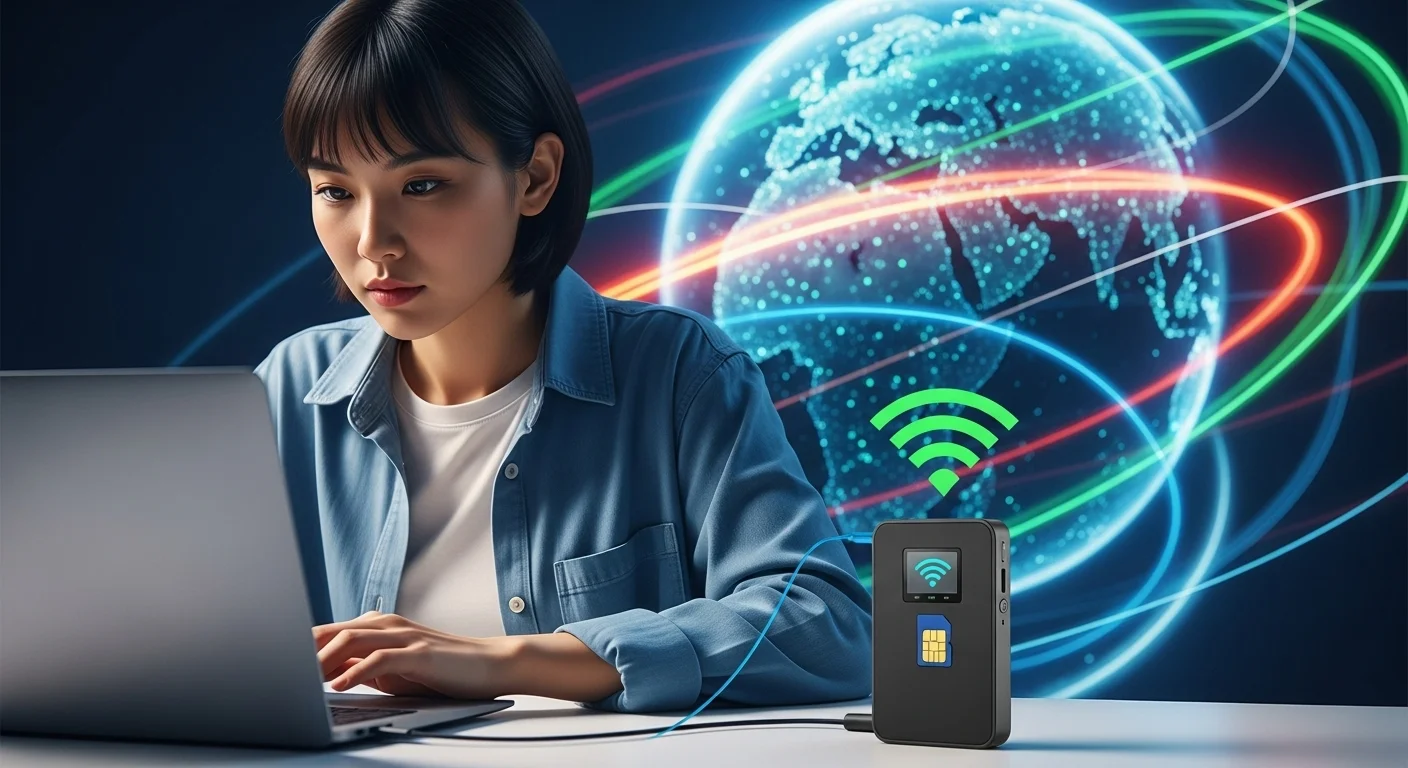 Una persona trabajando en una laptop conectada a un router wifi portátil tarjeta sim, con un fondo tecnológico que representa la conectividad global.