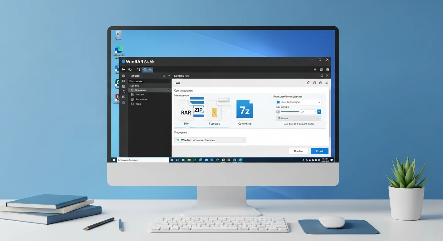 Interfaz de Winrar 64 bits en una computadora con Windows 10, mostrando una lista de archivos comprimidos y las opciones de compresión.