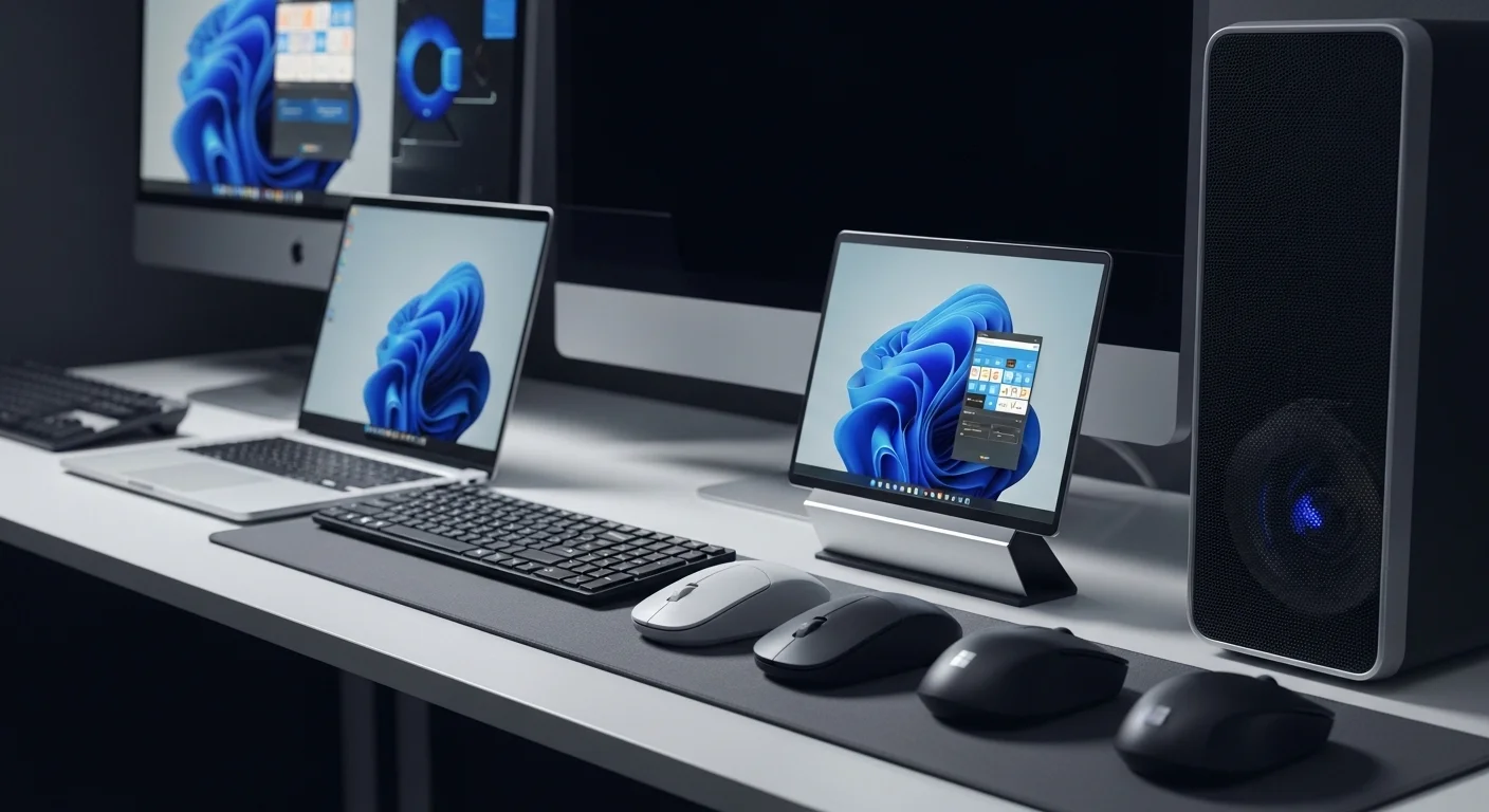 Una selección de mouses Wireless Mobile de Microsoft sobre un escritorio moderno junto a varias computadoras portátiles y de escritorio.