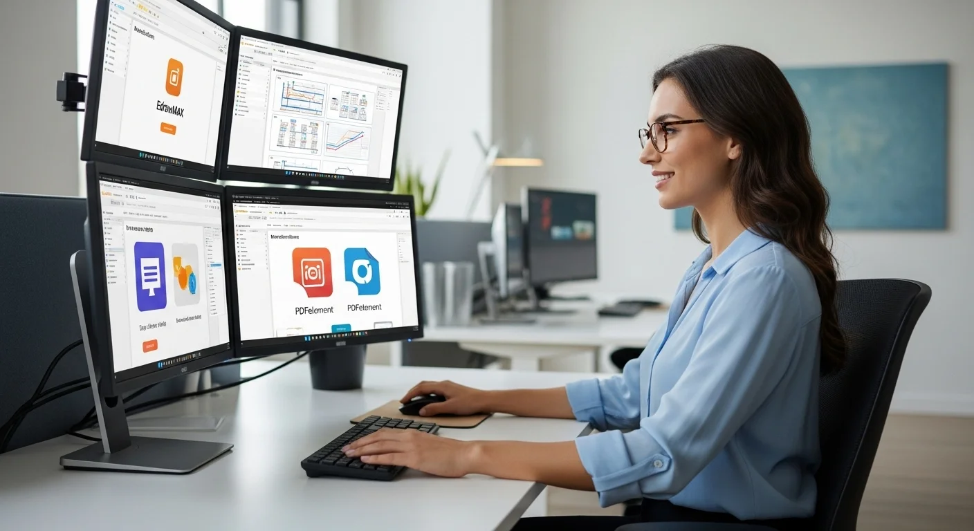 Una persona utilizando una computadora de escritorio con varios monitores que muestran el software de la suite Wondershare, como EdrawMax y PDFelement, en un entorno de oficina moderno.