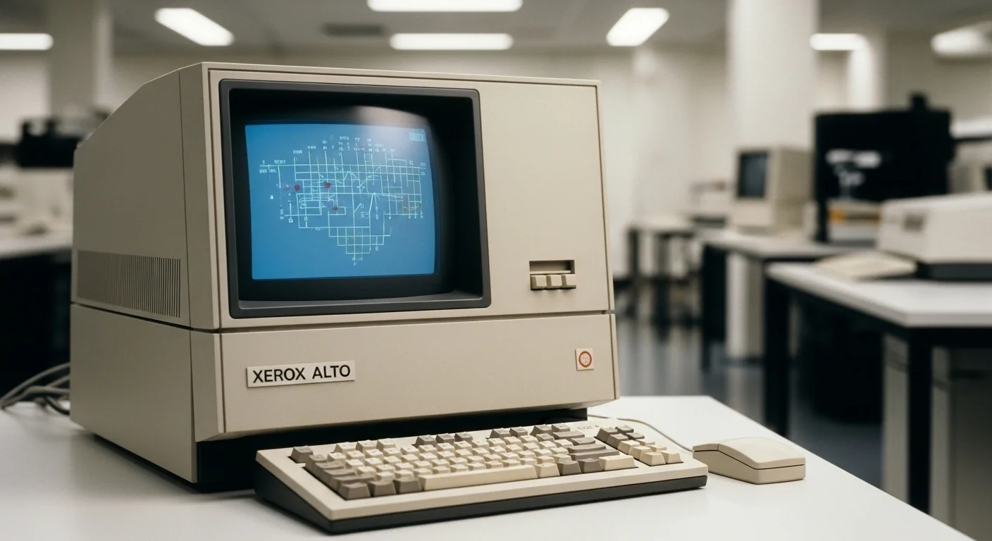 Imagen histórica de la computadora Xerox Alto, la primera en utilizar una interfaz gráfica de usuario y un mouse, en el laboratorio de Xerox PARC.