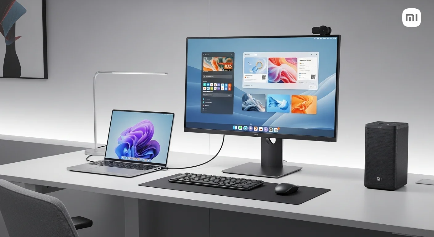 Un moderno escritorio de oficina con un portátil Xiaomi Mi Notebook conectado a un monitor Xiaomi Mi 34 y una bocina Xiaomi Mi portable, mostrando el ecosistema tecnológico.