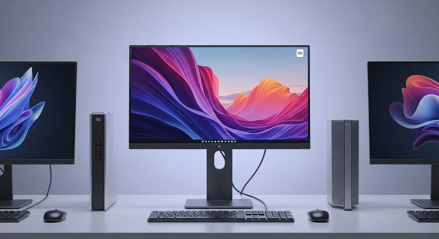 Setup de oficina moderno con dos computadoras y un monitor Xiaomi Mi Desktop Monitor 27 mostrando gráficos coloridos.