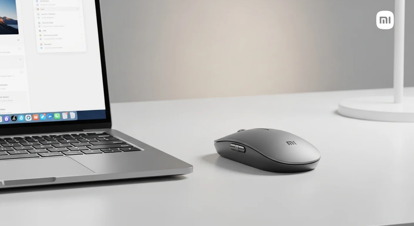 Un Xiaomi Mouse junto a una laptop en un escritorio de oficina limpio, simbolizando la productividad en computadoras