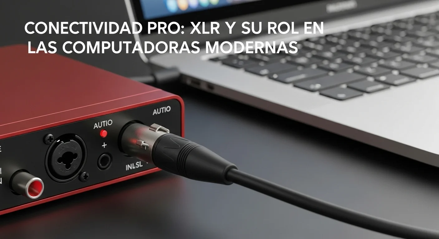 Un cable XLR negro conectado a la entrada de una interfaz de audio roja, que está junto a una computadora portátil, mostrando la conexión de audio profesional.