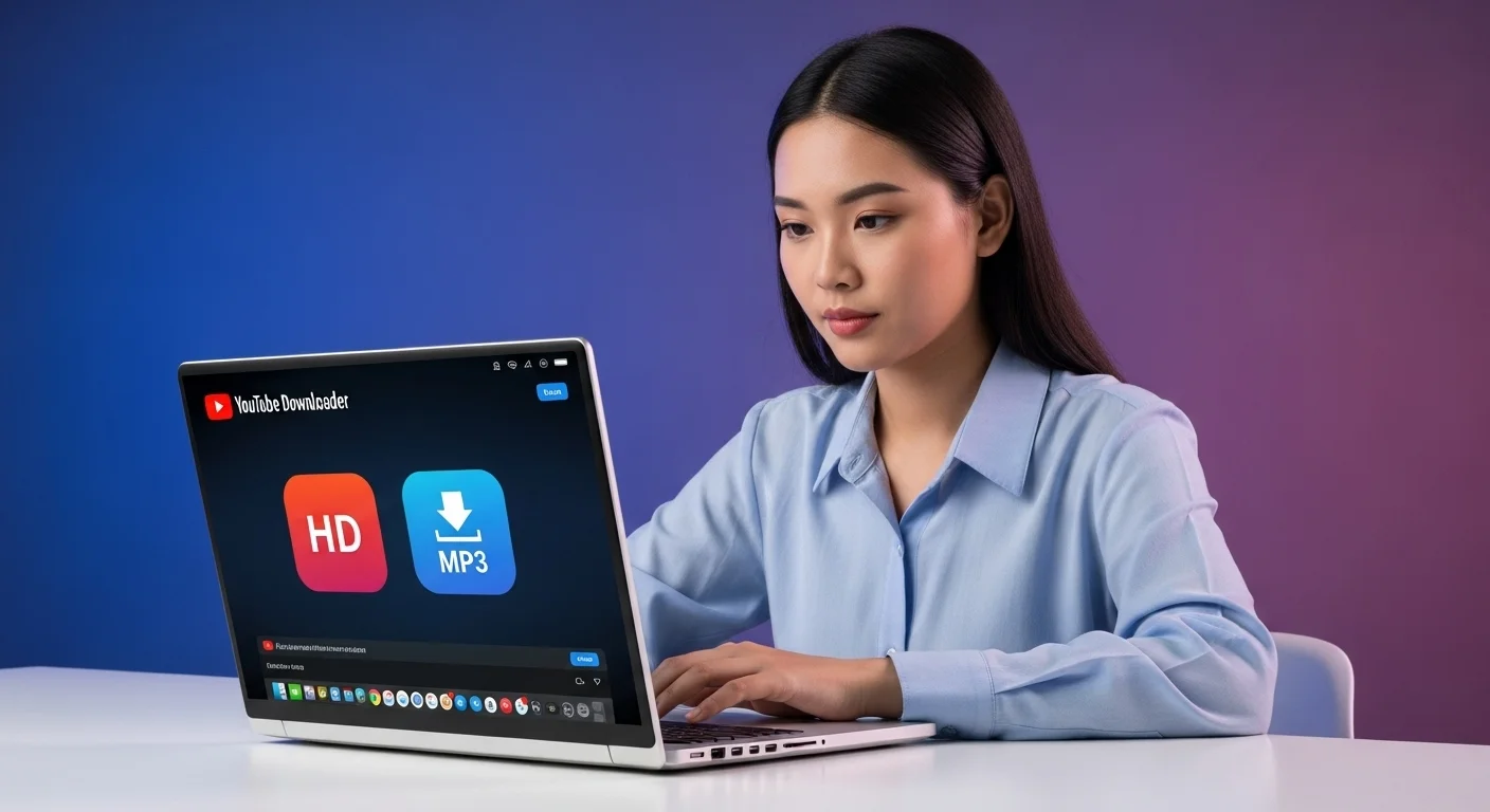 Una persona utilizando una laptop moderna para gestionar descargas de vídeo con un software Youtube Downloader, con íconos de HD y MP3 en la pantalla.