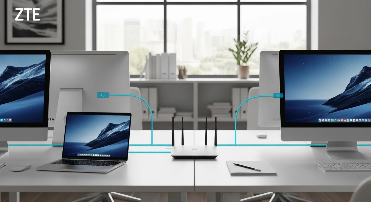 Entorno de oficina moderno con computadoras y laptops conectadas a internet a través de un router ZTE, demostrando la conectividad total.
